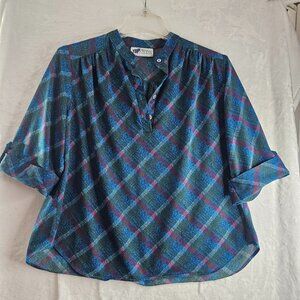 Top Notch Women's Top Blouse Blue Purple Plaid 3/4 Button Up Size 44/24W Approx.